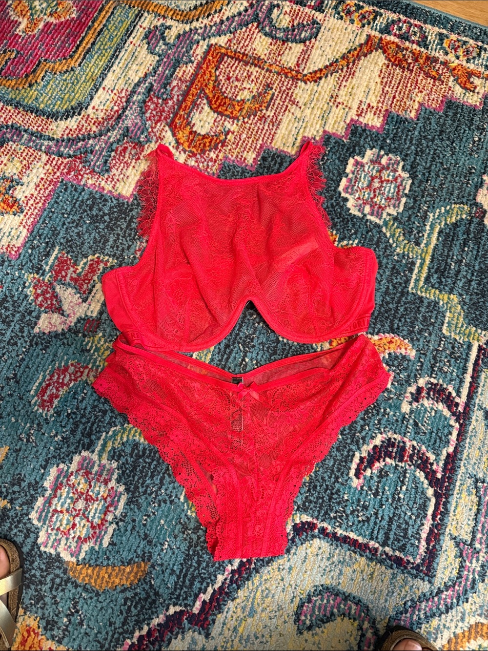 Victoria's Secret Bright Red Lace High-Neck Bralette & Lace Cheeky bottoms